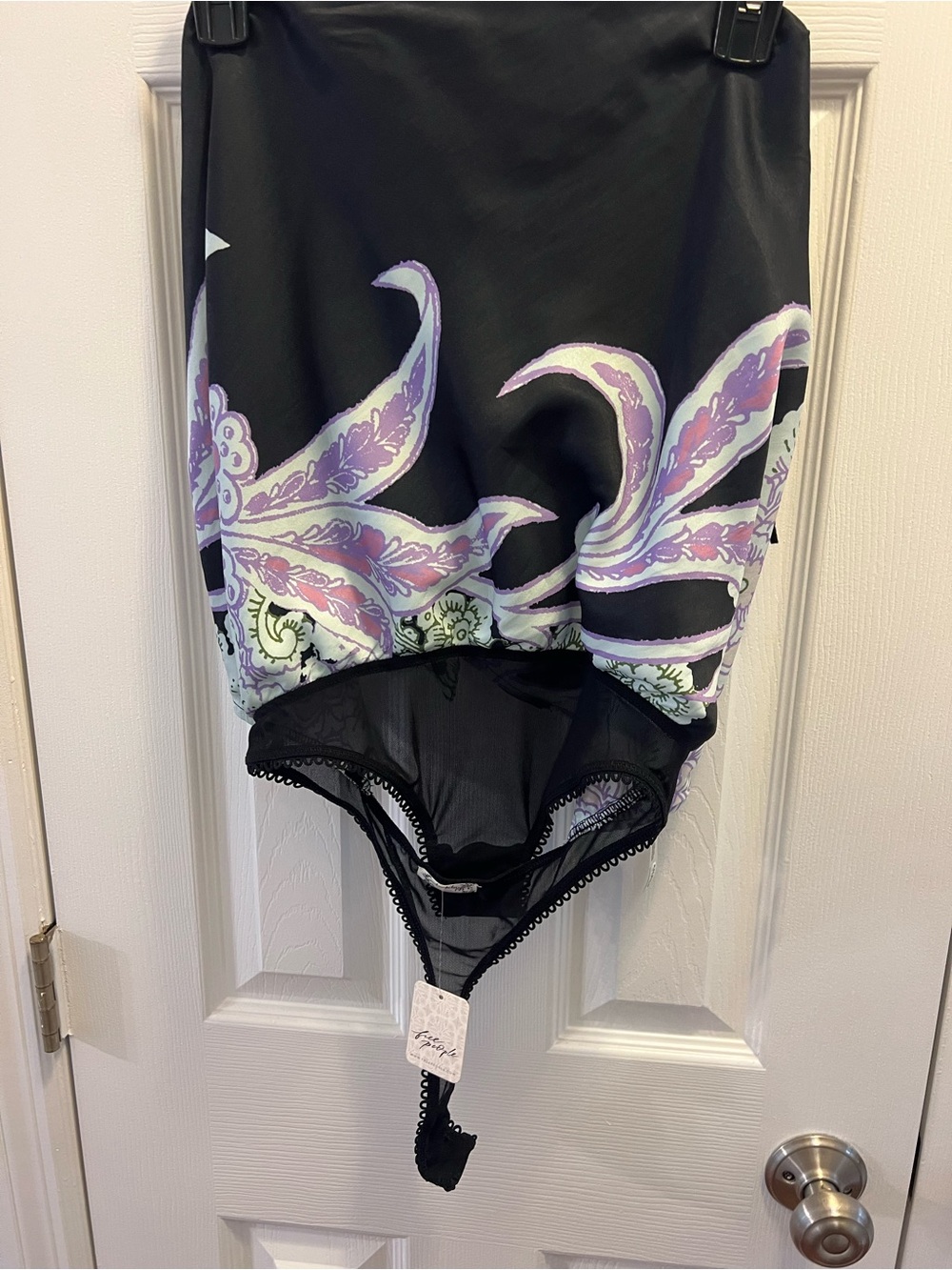 Free People Black Bodysuit with Lavender and Mint Paisley Print